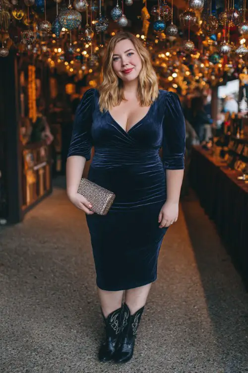 A plus-size woman wears a navy velvet midi dress with a defined waist, styled with black embroidered cowboy boots and a jeweled clutch