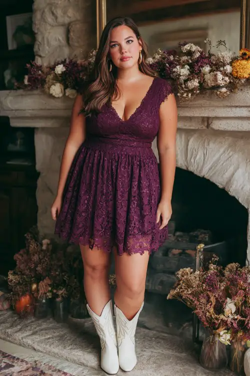 A plus size woman wears a plum lace cocktail dress with scalloped edges, styled with white cowboy boots