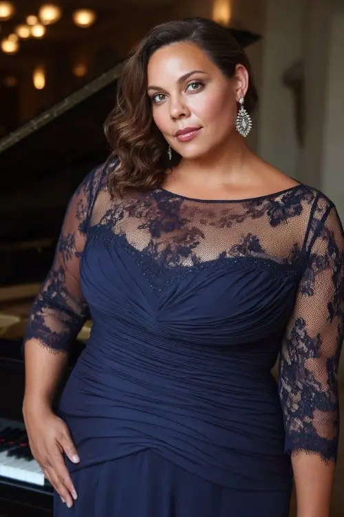 A plus-size woman wears a rich navy jersey gown with ruched detailing across the bodice, sheer sleeves with lace cuffs, and sparkling earrings