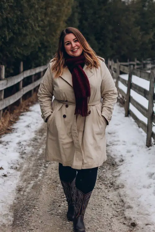 A plus-size woman wears a sand-colored trench coat with a burgundy knit scarf, black leggings, and tall embroidered cowboy boots