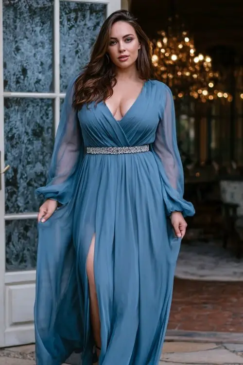 A plus-size woman wears a slate blue chiffon gown with a flowing A-line silhouette, sheer long sleeves, and a crystal belt at the waist, styled with low block heels