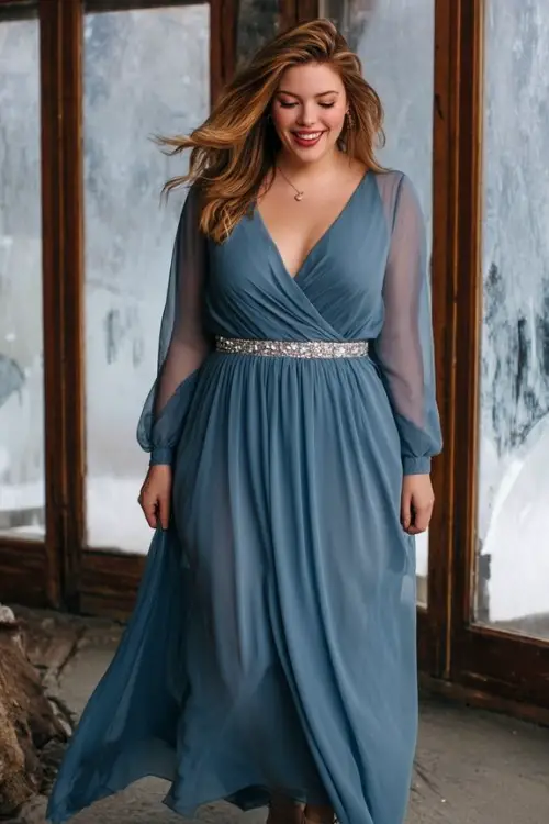 A plus-size woman wears a slate blue chiffon gown with a flowing A-line silhouette, sheer long sleeves, and a crystal belt at the waist, styled with low block heels