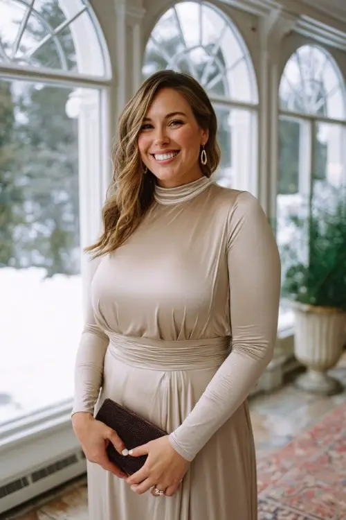 A plus-size woman wears a soft champagne mock-neck gown with a velvet clutch and minimal jewelry