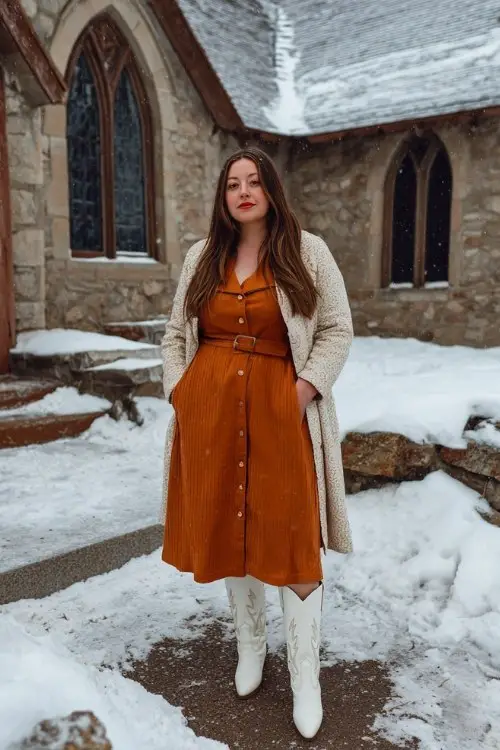 A plus-size woman wears a tan midi dress with long sleeves and ribbed texture, layered with a belted wool coat and tall white cowboy boots