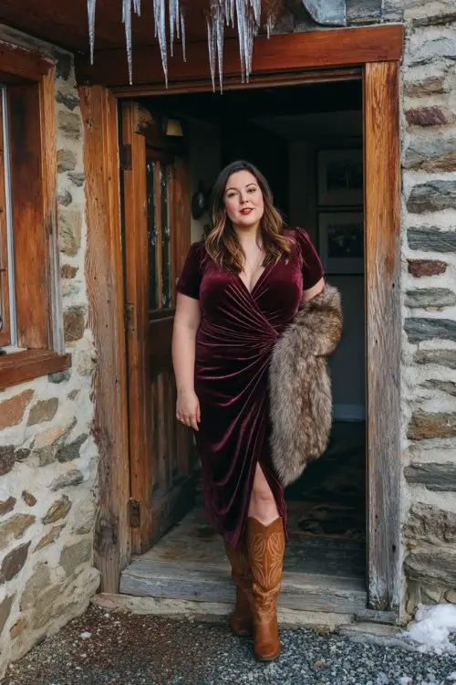 A plus-size woman wears a velvet wrap dress in deep burgundy with tall suede brown cowboy boots and a faux fur stole