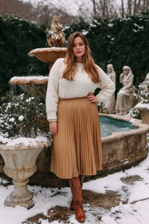 A plus-size woman wears a warm tan pleated midi skirt, a fitted ivory sweater, and tall brown cowboy boots