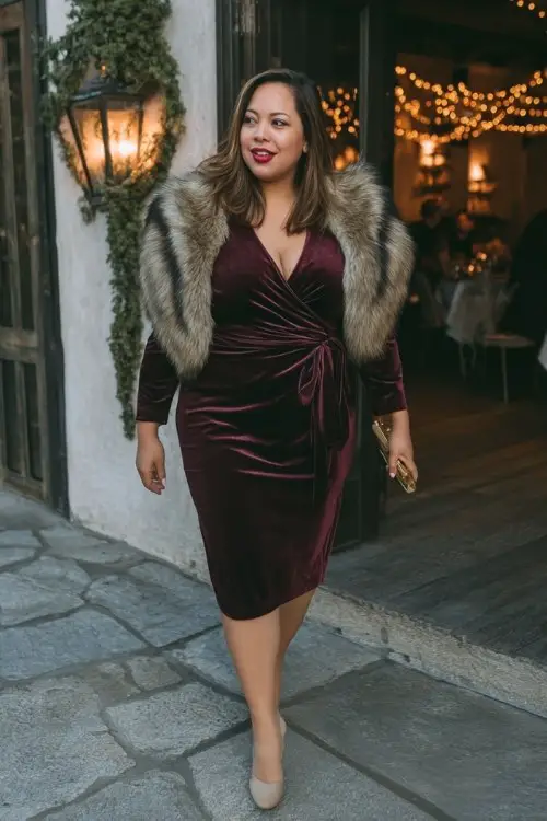 A plus-size woman wears a wine-colored velvet wrap dress with long sleeves, a faux fur stole, and block heels