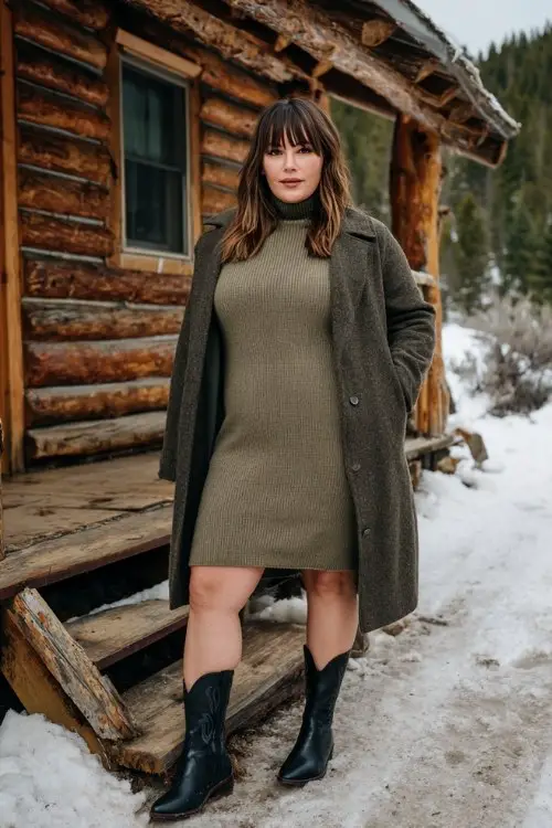 A plus-size woman wears an olive green knit dress with side slits and a funnel neck, paired with short black cowboy boots and a longline coat