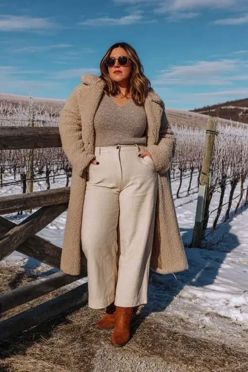 A plus-size woman wears beige wide-leg trousers tucked into tall tan cowboy boots, a knit top, and a long shearling-lined coat