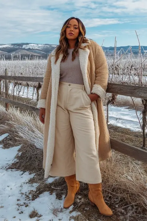 A plus-size woman wears beige wide-leg trousers tucked into tall tan cowboy boots, a knit top, and a long shearling-lined coat