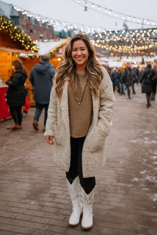 A plus-size woman wears black jeans, a mocha-colored oversized knit top, a structured wool coat, and bright white cowboy boots