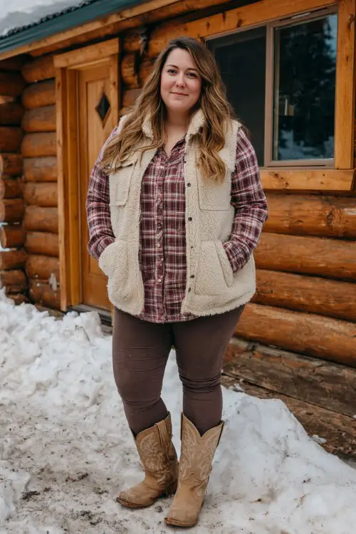A plus-size woman wears brown leggings and tan cowboy boots, a layered flannel shirt under a shearling vest
