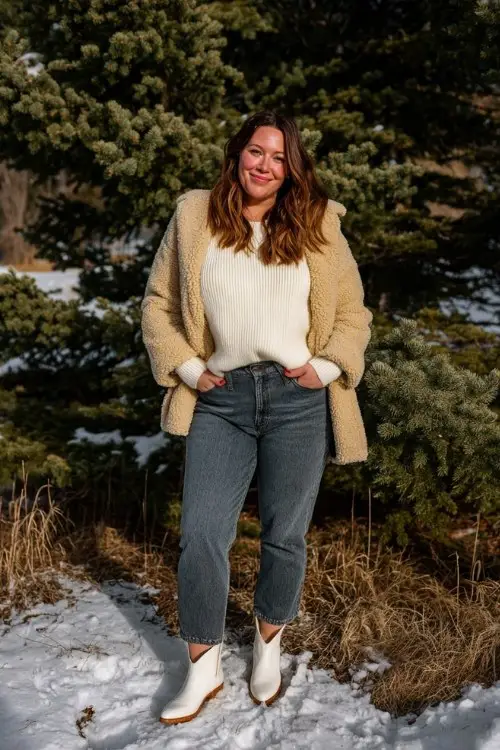 A plus-size woman wears dark wash jeans cuffed above clean white cowboy boots, paired with a thick cream pullover and a teddy coat