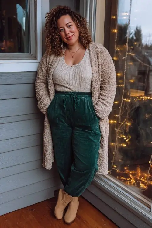 A plus-size woman wears deep green corduroy pants with beige booties, a relaxed fit knit top, and a long fuzzy cardigan