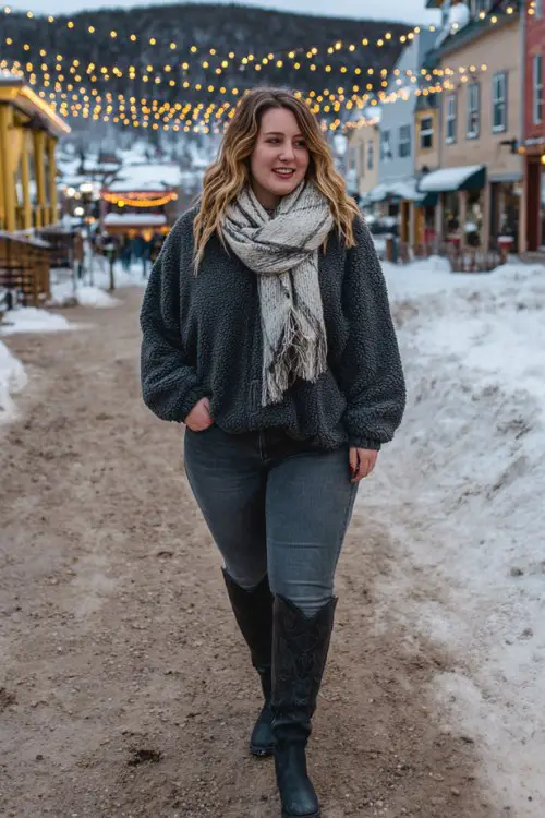 A plus-size woman wears gray jeans, tall black cowboy boots, a cozy sherpa hoodie, and a wool scarf