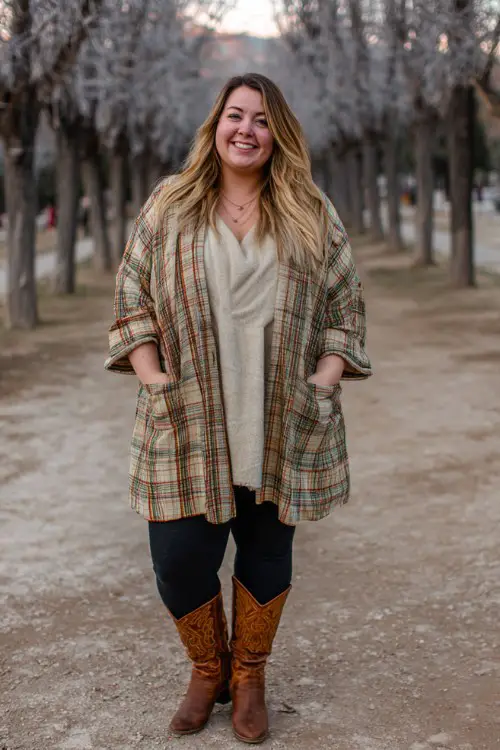 A plus-size woman wears high-rise black leggings with brown cowboy boots, a knit tunic, and a plaid wrap coat
