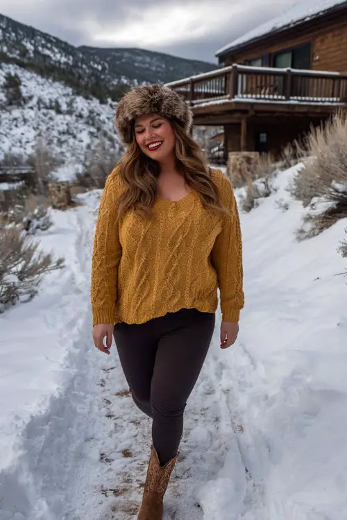 A plus-size woman wears high-rise dark leggings with classic cowboy boots, a mustard cable-knit sweater, and a faux fur trapper hat