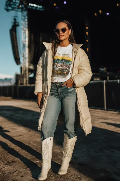 A plus-size woman wears white cowboy boots with straight-leg jeans, a graphic concert tee layered under a long cardigan and puffer jacket