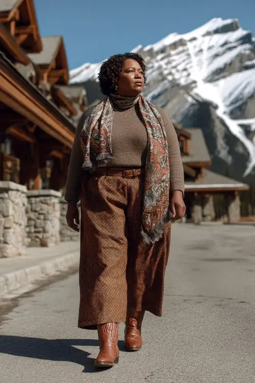 A plus-size woman wears wide-leg wool trousers over tall brown cowboy boots, paired with a tucked-in cashmere turtleneck and a patterned winter scarf