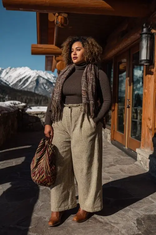 A plus-size woman wears wide-leg wool trousers over tall brown cowboy boots, paired with a tucked-in cashmere turtleneck and a patterned winter scarf