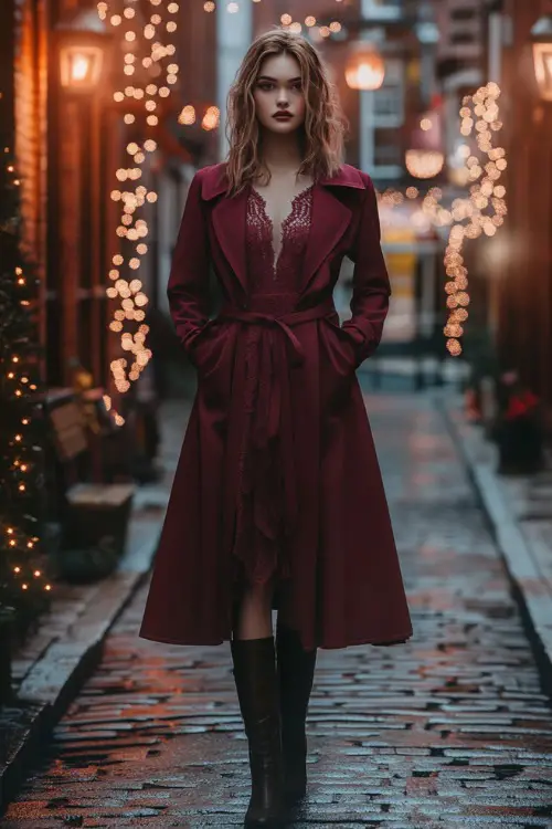 A sleeveless burgundy sheath dress with subtle lace detailing, paired with a long trench coat and leather boots