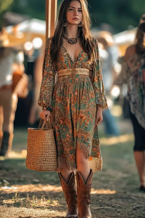 A stylish woman in a boho-print midi dress, paired with suede cowboy boots and a woven tote bag, standing at a spring concert