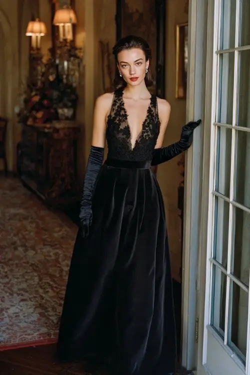 A woman arriving at a winter garden reception in a black A-line gown with a sheer neckline, embroidered bodice, and long velvet gloves