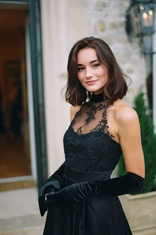A woman arriving at a winter garden reception in a black A-line gown with a sheer neckline, embroidered bodice, and long velvet gloves for a polished old-world charm