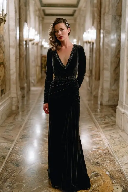 A woman at a cozy winter garden ceremony in a black midi dress featuring white embroidery along the neckline and cuffs