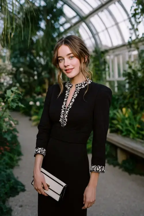 A woman at a cozy winter garden ceremony in a black midi dress featuring white embroidery along the neckline and cuffs