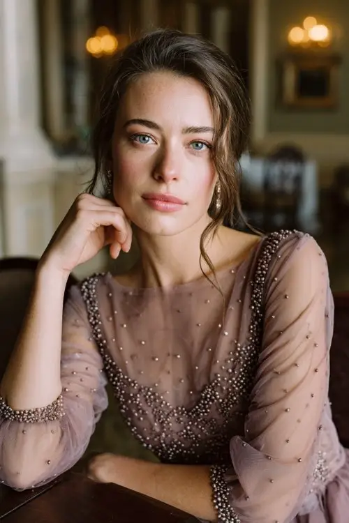 A woman framed in a pale mauve gown with sheer sleeves, hand-sewn beadwork, with sheer beaded sleeves