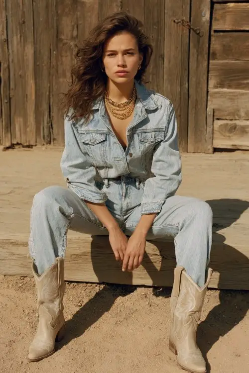 A woman in a denim-on-denim look pairs a fitted light-wash jean jacket with matching mom jeans and beige cowboy boots