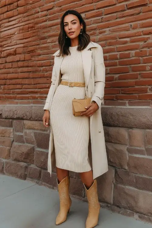 A woman in a ribbed knit bodycon midi dress with tan short cowboy boots and trench coat