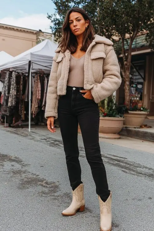 A woman layers a cropped faux shearling jacket over a ribbed bodysuit, tucks it into black skinny jeans, and finishes with beige cowboy boots