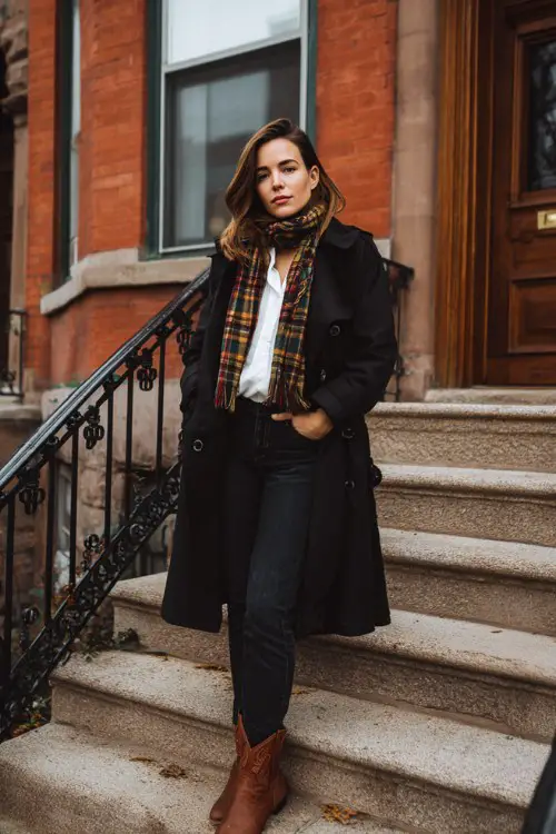 A woman over 30 wears a black trench coat layered over a white blouse and dark skinny jeans, styled with short brown cowboy boots and a plaid scarf