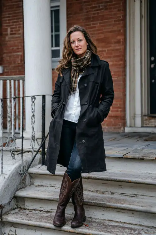 A woman over 30 wears a black trench coat layered over a white blouse and dark skinny jeans, styled with short brown cowboy boots and a plaid scarf