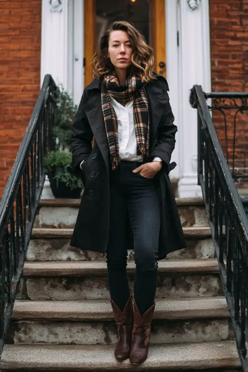 A woman over 30 wears a black trench coat layered over a white blouse and dark skinny jeans, styled with short brown cowboy boots and a plaid scarf