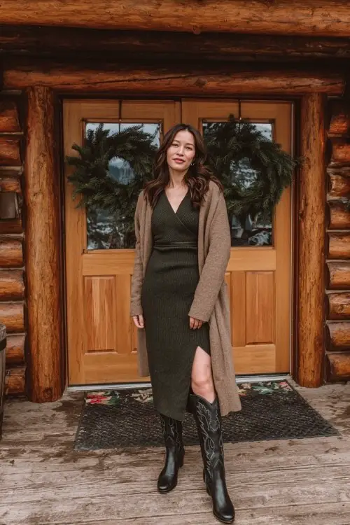 A woman over 30 wears a dark green midi sweater dress with long sleeves and a slit, paired with tall black cowboy boots and a camel wrap coat