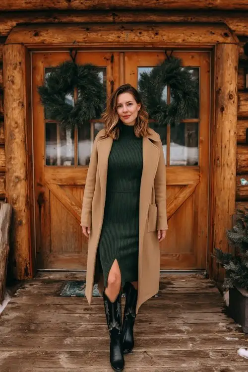 A woman over 30 wears a dark green midi sweater dress with long sleeves and a slit, paired with tall black cowboy boots and a camel wrap coat