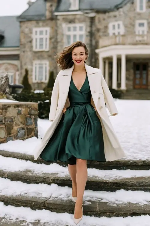 A woman over 30 wears a dark green satin A-line dress with subtle pleating and a belted waist, paired with heels and a cream wool coat