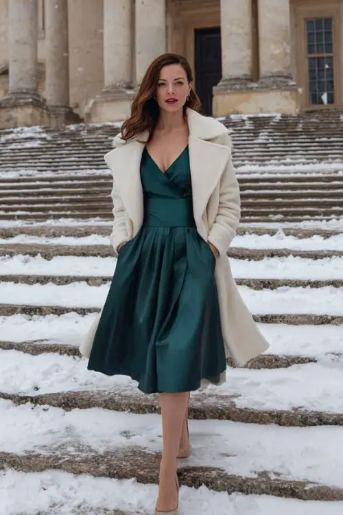 A woman over 30 wears a dark green satin A-line dress with subtle pleating and a belted waist