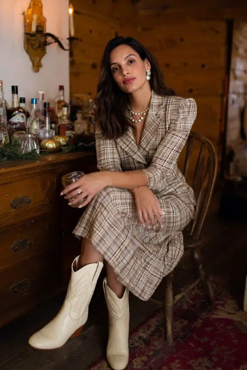 A woman over 30 wears a festive plaid midi dress with refined tailoring, paired with cream cowboy boots and pearl accessories