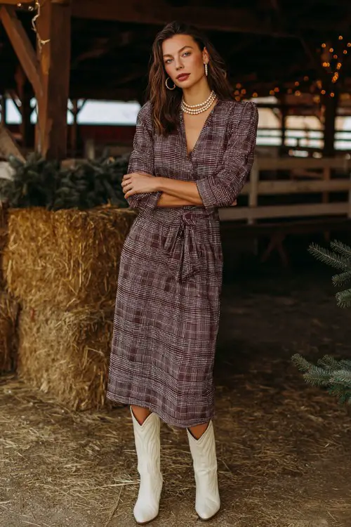 A woman over 30 wears a festive plaid midi dress with refined tailoring, paired with cream cowboy boots and pearl accessories