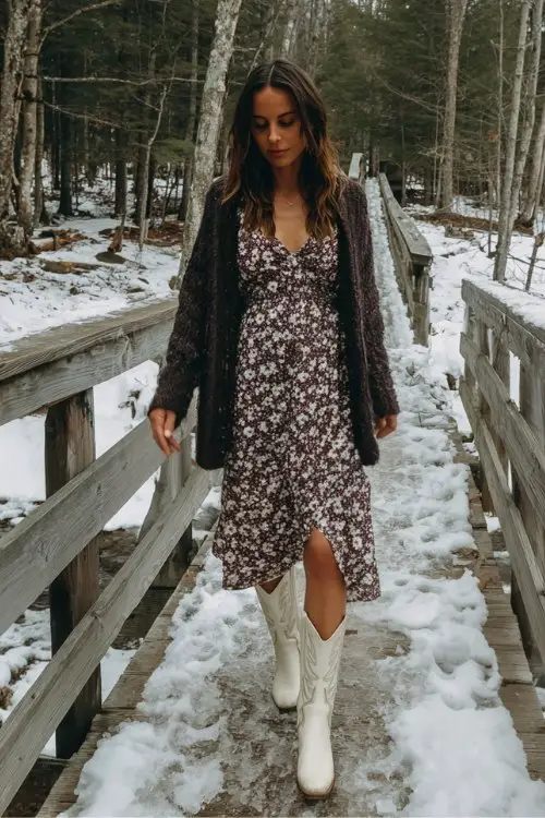 A woman over 30 wears a floral midi dress with a chunky cardigan and tall white cowboy boots