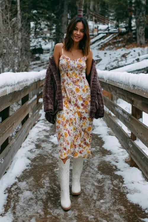 A woman over 30 wears a floral midi dress with a chunky cardigan and tall white cowboy boots