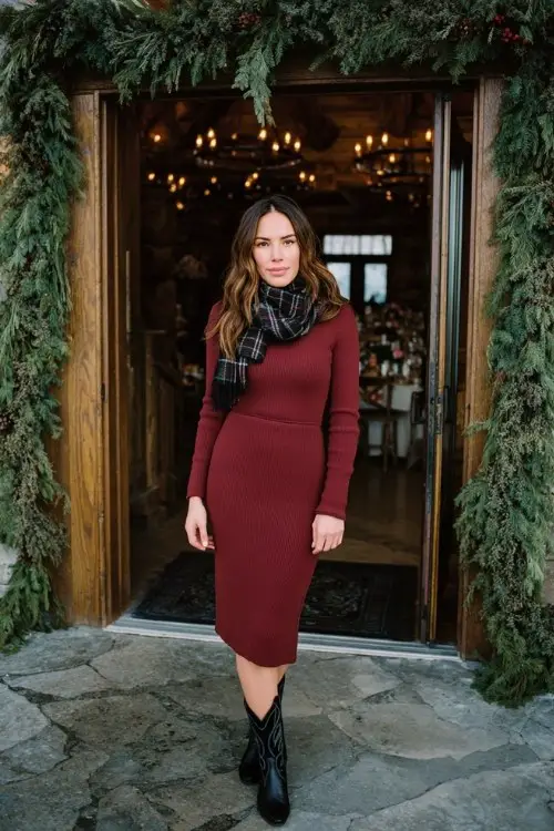A woman over 30 wears a knit midi dress in deep wine red with long sleeves, paired with short black cowboy boots and a plaid scarf