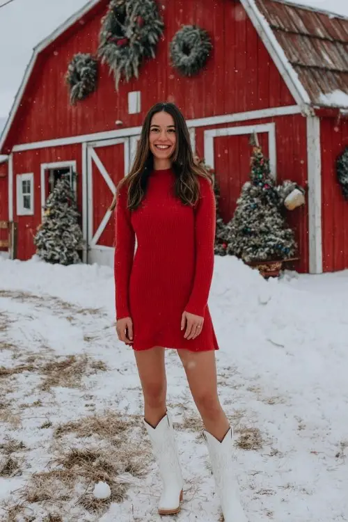 A woman over 30 wears a long-sleeve red sweater dress with a flared hem and short white cowboy boots