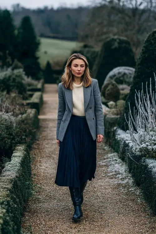 A woman over 30 wears a navy pleated midi skirt with a tucked-in cream knit, layered with a gray wool blazer and tall black cowboy boots