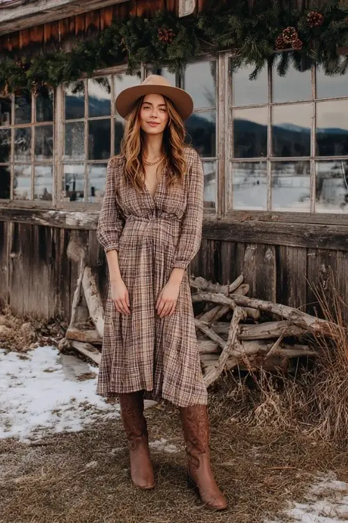 A woman over 30 wears a plaid midi dress with long sleeves and a flowy skirt, paired with tall brown cowboy boots and a wide-brim hat