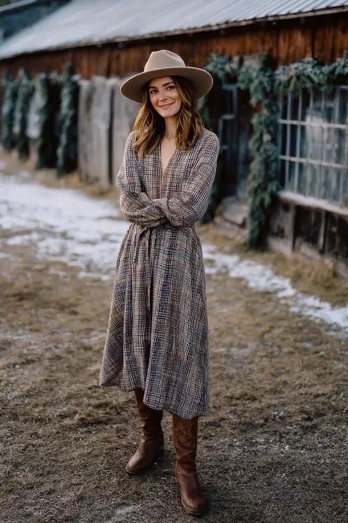 A woman over 30 wears a plaid midi dress with long sleeves and a flowy skirt, paired with tall brown cowboy boots and a wide-brim hat